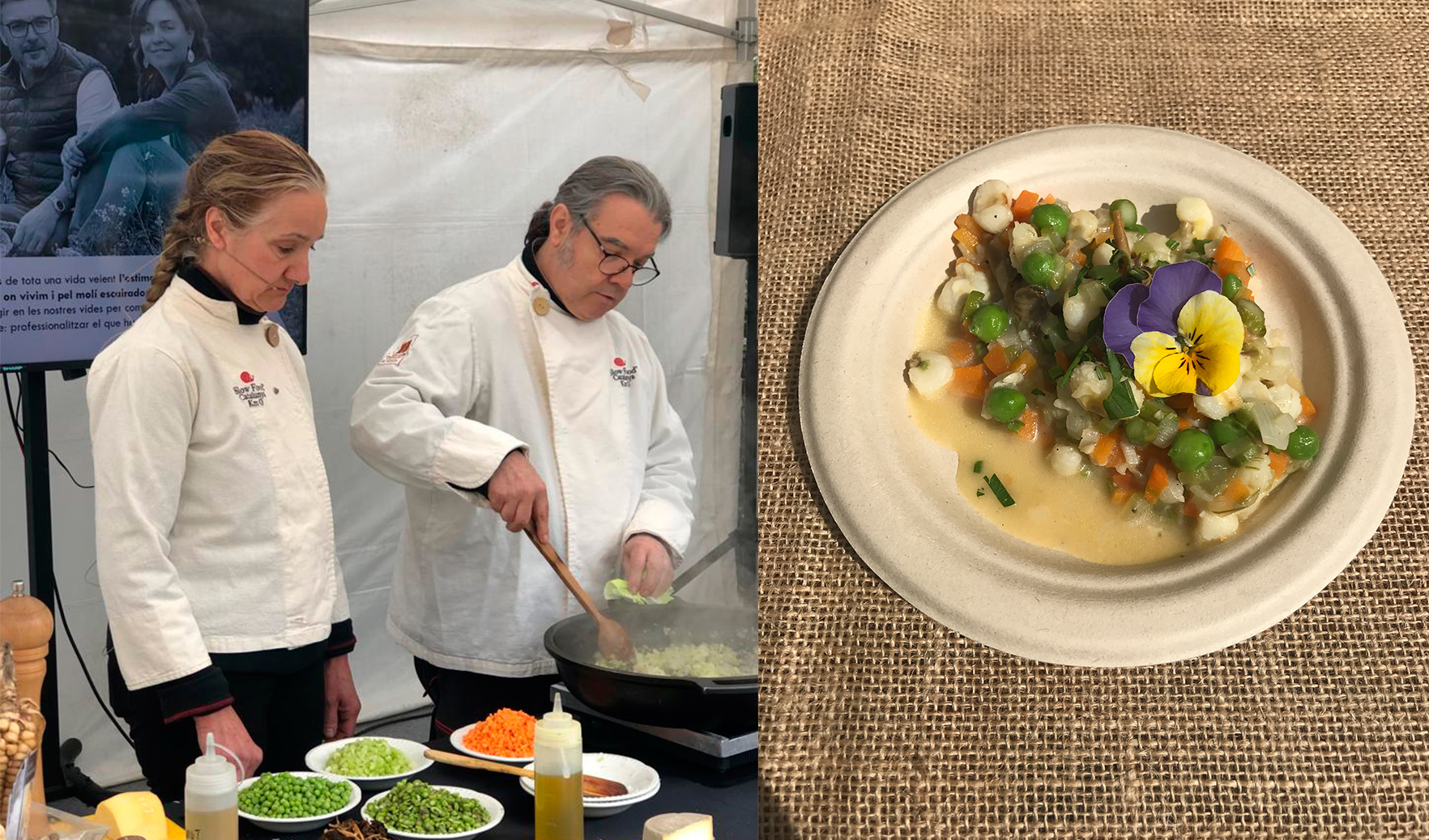 Carme Clotet i Romà Revelles, del restaurant Slow Food Niu Nou, durant la preparació de la recepta.